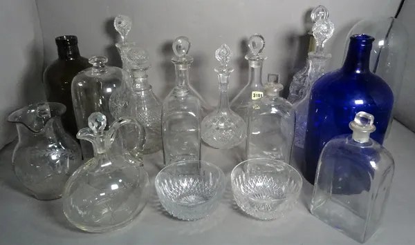 A large quantity of 19th century and later glass, including finger bowls, glass dome, decanters and sundry.