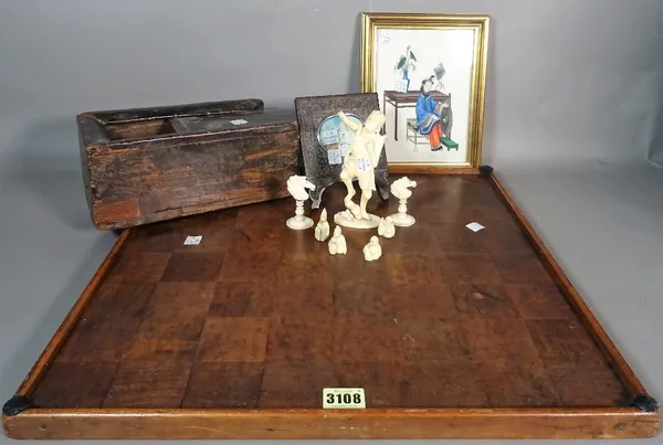 Collectables, an early 20th century wooden chess board, 47cm x 47cm, an early 20th century chess set, boxed, ivory figures, Asian pictures and sundry.