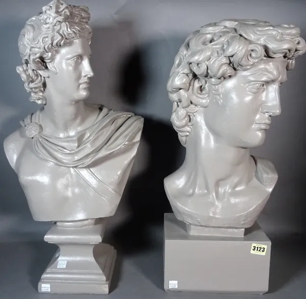 A modern grey painted resin bust of a classical figure, 55cm high, and another similar, 60cm high, (2).