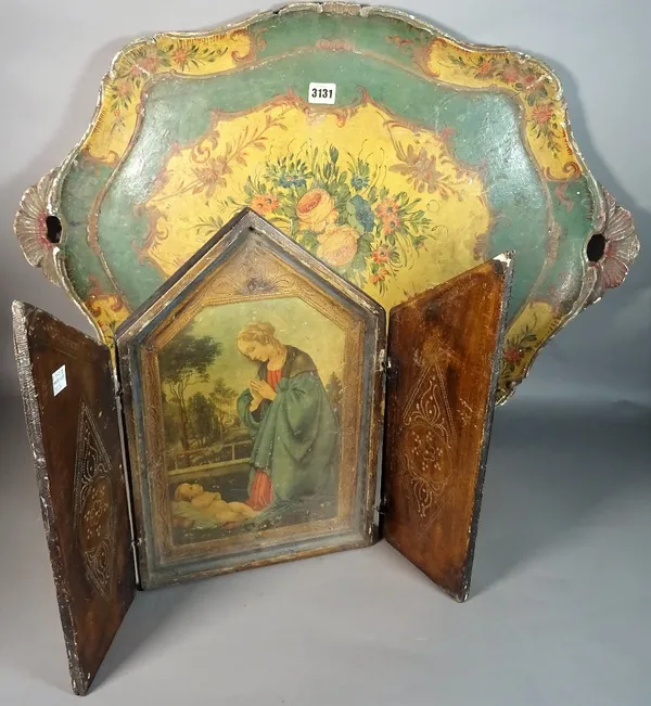 A late Victorian papier mache green painted tray, with foliate decoration, 76cm wide, and an early 20th century triptych Russian Icon, 25cm wide x 37c