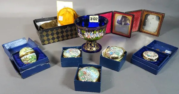 Collectables comprising, five enamel boxes including Halcyon Days, an early 20th century amber coloured glass etched intaglio, 9cm wide, a Murano blue