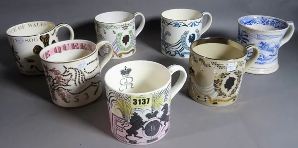 Wedgwood, a group of seven modern ceramic commemorative mugs, including 1953 coronation design by Ravillious, five others by Guyatt, (7).