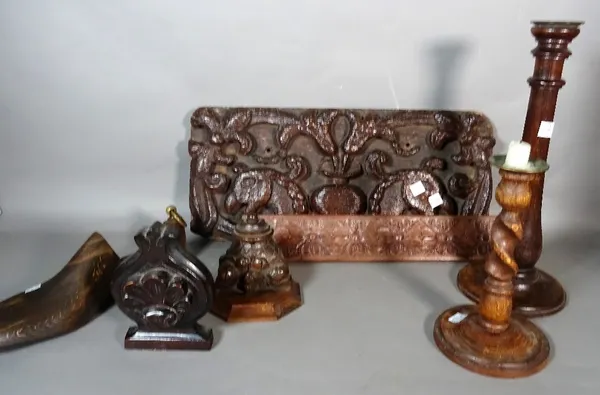 Collectables including, an 18th/19th century wooden panel with opposing ho-ho birds, 47cm x 23cm, and a selection of wooden candlesticks and sundry.