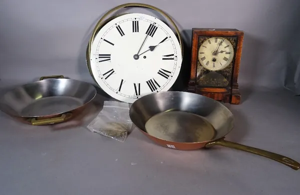 Collectables, a 20th century clock movement, a 19th century mantel clock and two copper pans.