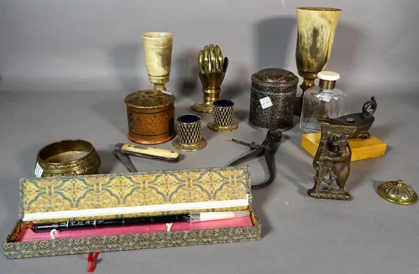 Collectables, including Russian style metal lidded pot, horn cups, cut throat razors, Asian calligraphy pens and sundry.