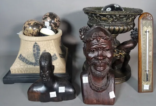 Modern collectables including, a resin bowl formed with three cherub base, 27cm high, two African carved hardwood figures, a group of ceramic and marb