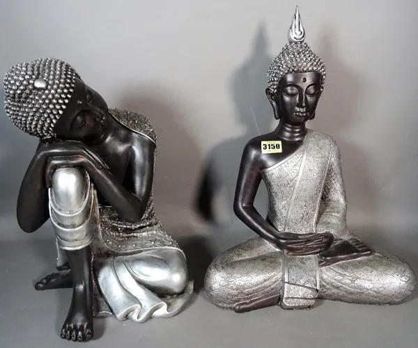 A modern silver painted fibre glass figure of a Thai Buddha, 42cm high, and another similar reclining Buddha, 35cm high, (2).