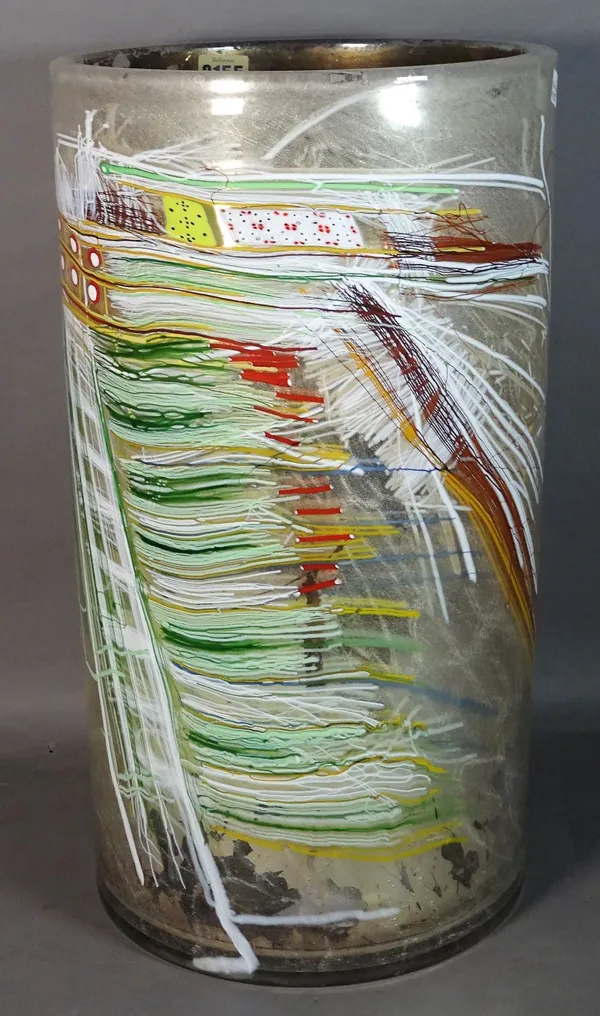 A modern art glass cylindrical vase or stick stand, (a.f.), 50cm high.