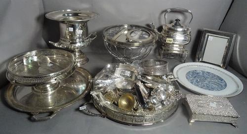 A large quantity of silver and plated items, including various trays, kettle on stand, wine coolers, photograph frame and sundry, (qty).