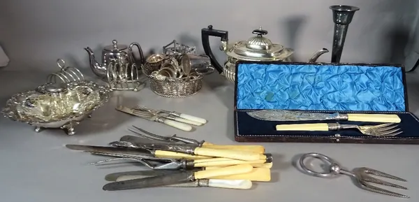 Silver and plated items including; a pair of cased fish servers, tea pots, a quantity of cake stands, jugs and sundry, (qty).