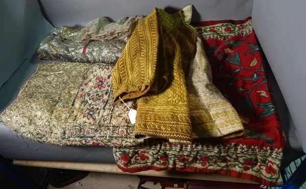 A group of five Middle Eastern textiles, to include a gold embroidered jacket, (5).