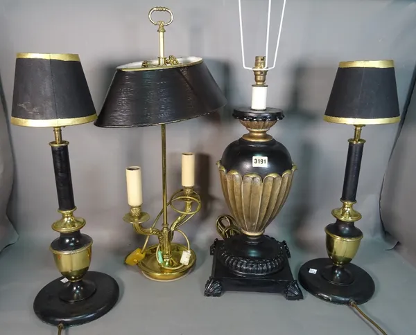 A modern metal and black painted table lamp on square base, 53cm high, a pair of modern brass and metal table lamps, 52cm high, and a Victorian style