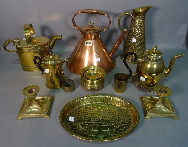 A quantity of copper and brassware, including kettles, jugs, a pair of candelsticks, trays, cups and sundry, (11).