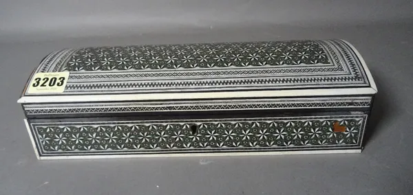 An early 20th century Anglo Indian ebony and ivory inlaid glove box, 30cm wide x 12cm deep.