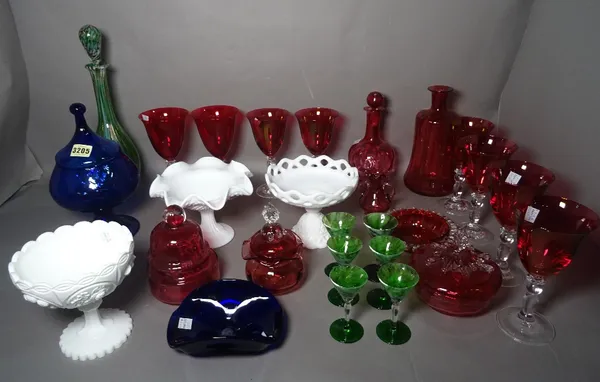 A quantity of modern decorative coloured glass, including vases, drinking glasses and sundry.