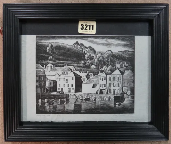 Mark Skempton (20th century), Mevagissey no 2, woodblock print, signed, inscribed and numbered, 14cm x 17.5cm.; together with a pair of heraldic engra