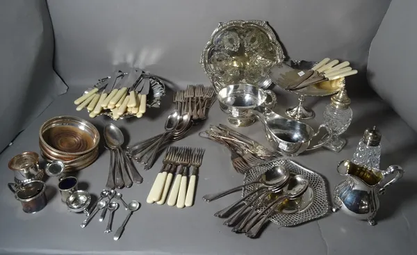 Silver plated wares, comprising; flatware, a salver, dishes, a sauceboat, bottles coasters and sundry, (qty).