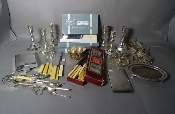 Silver plated items of mostly early 20th century including:  pairs of candlesticks, flatware, photograph frames and sundry (qty).