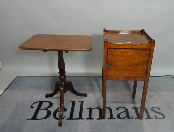 A late George III style mahogany nightstand, 35cm wide x 75cm high, and a  19th century tripod table, 52cm wide x 68cm high.