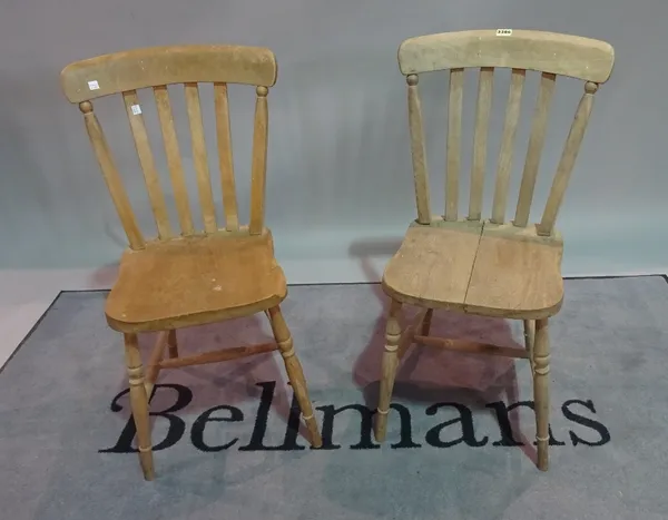 A set of six early 20th century beech and elm stick back dining chairs, 36cm wide x 86cm high.