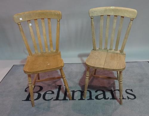 A set of six early 20th century beech and elm stick back dining chairs, 36cm wide x 86cm high.