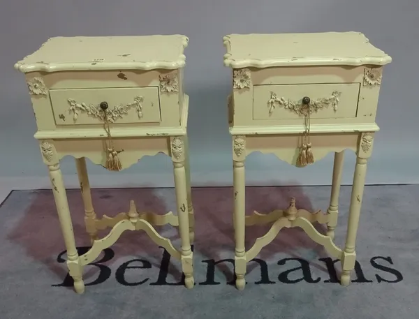 A pair of Victorian style painted single drawer bedside tables, 45cm wide x 80cm high, (2).