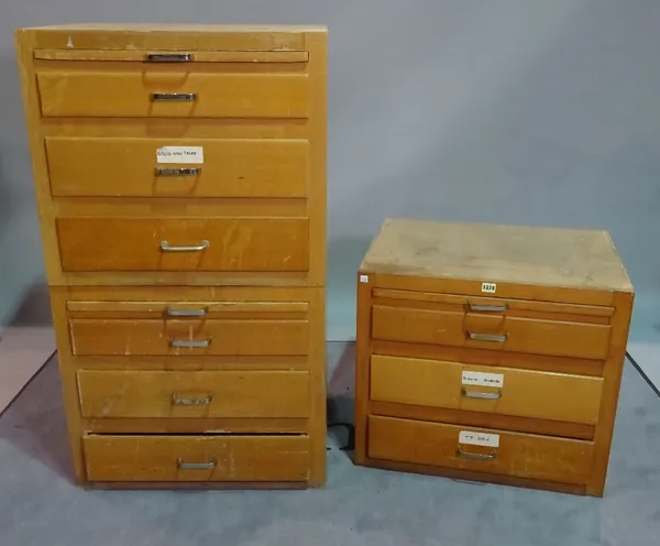 A mid-20th century beech tall chest, with six drawers and three brushing slides, 64cm wide x 169cm high, three sections.