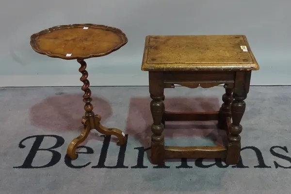 A Charles II style oak gout stool, 44cm wide x 48cm high, together with a late 17th century style walnut occasional table, 40cm wide x 53cm high.