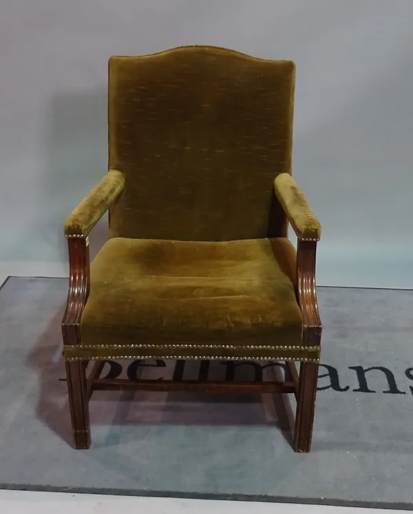 A George III style mahogany framed Gainsborough open armchair, 67cm wide x 100cm high.