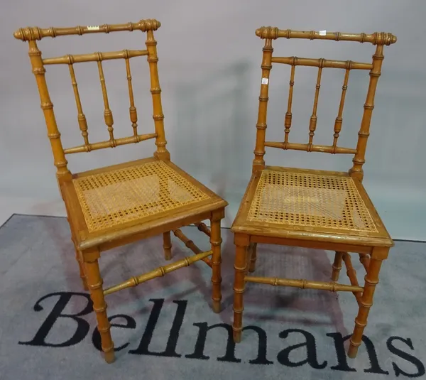 A pair of modern faux bamboo side chairs, 42cm wide x 90cm high, and a late 19th century faux rosewood side chair, 42cm wide x 81cm high, (3).