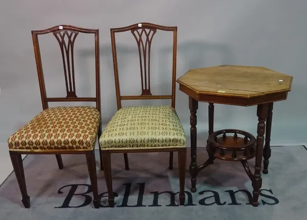 An Edwardian oak octagonal centre table, on ring turned supports, 60cm wide x 68cm high, and a pair of Edwardian mahogany side chairs, 44cm wide x 93c