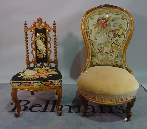 A Victorian walnut framed nursing chair, on cabriole supports, 60cm wide x 110cm high, and a Victorian faux painted rosewood side chair, 49cm wide x 9