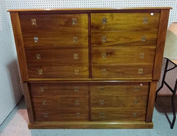 A 20th century campaign style walnut television cabinet, fronted as two rows of faux drawers over six true drawers, 139cm wide x 128cm high.