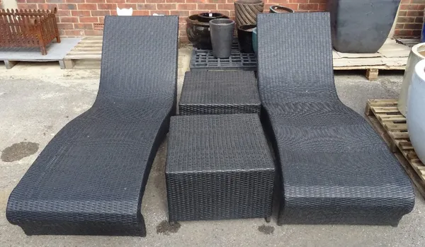 INDIAN OCEAN, a pair of modern faux rattan weave sun loungers and two matching side tables, 60cm wide x 36cm high, (4).