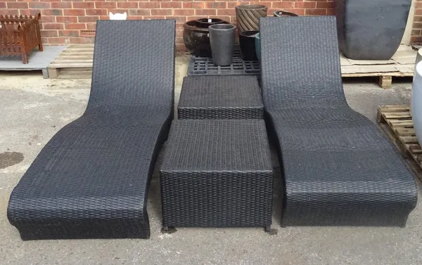 INDIAN OCEAN, a pair of modern faux rattan weave sun loungers and two matching side tables, 60cm wide x 36cm high, (4).