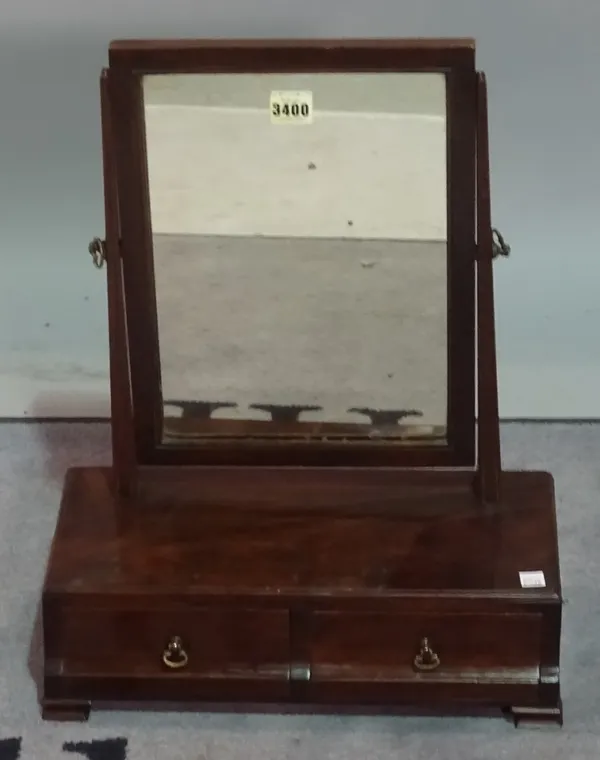 An 18th century mahogany toilet mirror, with two drawer base, 41cm wide x 49cm high.