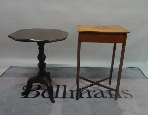 A late Victorian mahogany tripod table, with later octagonal top, 53cm wide x 71cm high, and an Edwardian mahogany inlaid side table, 47cm wide x 76cm