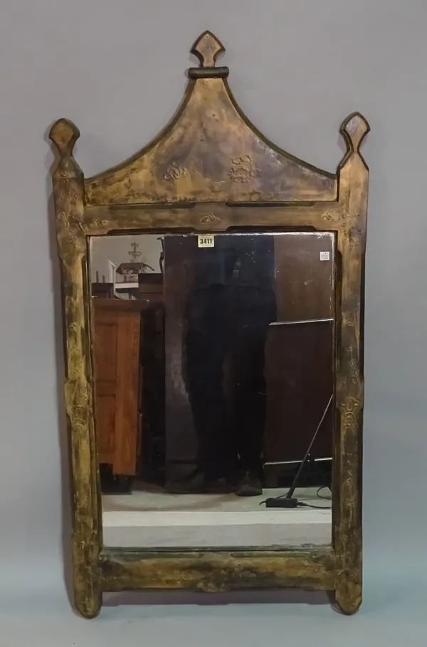 A modern Gothic style gold painted mirror, 61cm wide 119cm high.