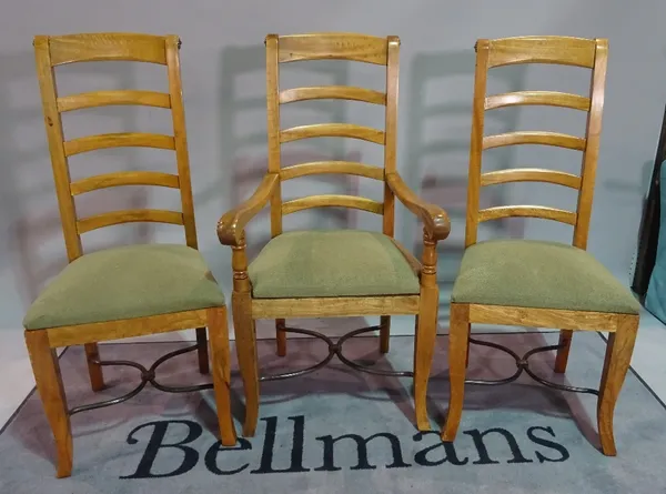 A set of eight modern stained beech ladderback dining chairs, to include two carvers, 55cm wide x 112cm high, (8).