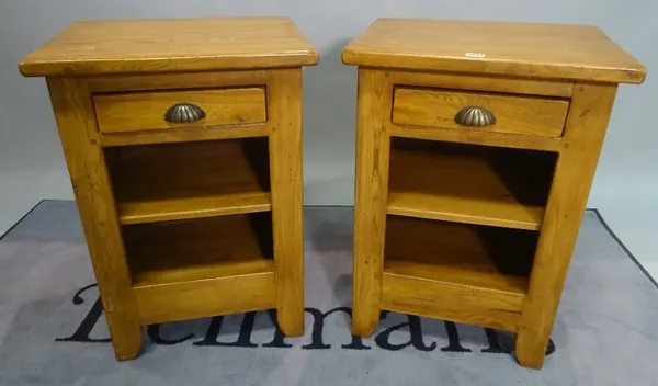 A pair of modern oak single drawer bedside tables, 50cm wide x 72cm high.