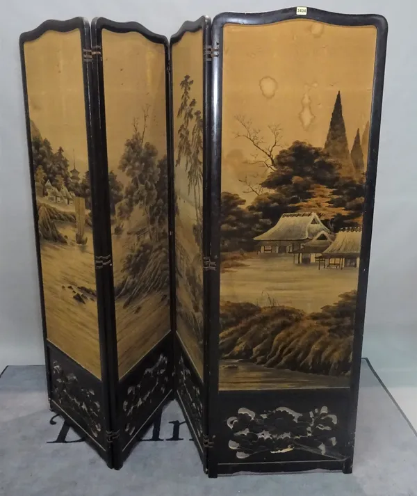 A modern Chinese black lacquer and canvas four fold screen, 216cm wide x 178cm high.