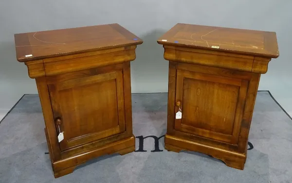 A pair of reproduction Biedermeier style bedside cabinets, with a drawer and cupboard under, 54cm wide x 37.5cm depth x 69cm high.