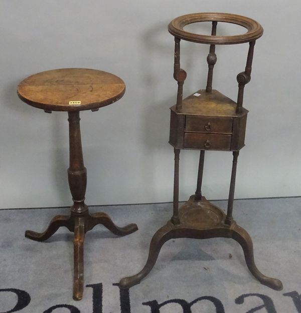 A 19th century and later oak tripod table, 32cm diameter x 61cm high, a 19th century mahogany two drawer washstand on downswept supports, 25cm wide x