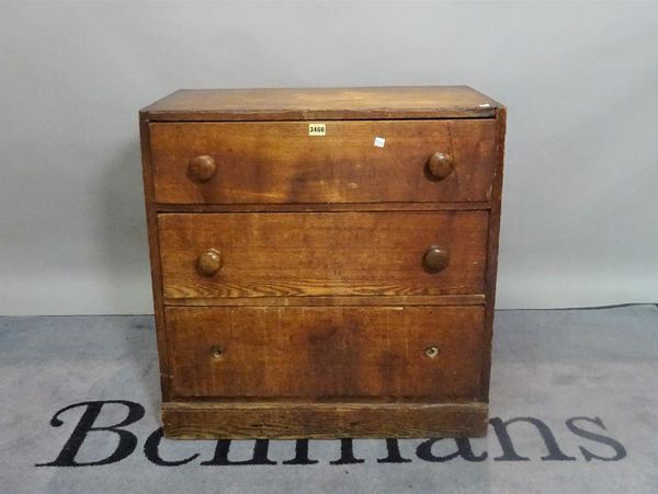 A 19th century oak chest, of three long drawers, 72cm wide x 74cm high, and an 18th century and later oak hanging corner cupboard, 68cm wide x 89cm hi