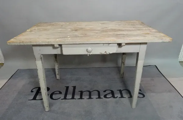 An early 20th century French pine single drawer kitchen table, on tapering square supports, 118cm wide x 73cm high.