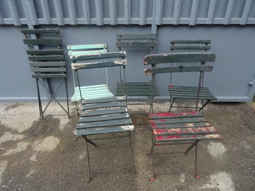 A set of six early 20th century metal and hardwood folding chairs, (6).