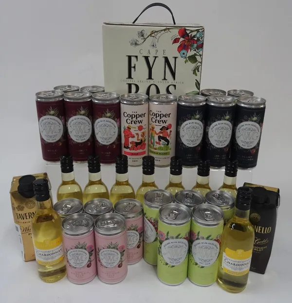 Wine Box and Miniatures: Cape Fyn Bos Chenin Blanc (3 litres); Tavernello Pinot Bianco (50cl); Tavernello Sangiovese Merlot (50cl); KWG Merlot 2019...