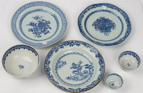 A group of Chinese blue and white export porcelain, 18th/early 19th century, comprising; a Qianlong blue and white soup plate painted with a river...