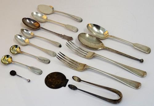 Silver flatware, comprising; two table forks, a dessert spoon, three teaspoons, a pair of salt spoons, another salt spoon, a christening spoon,...