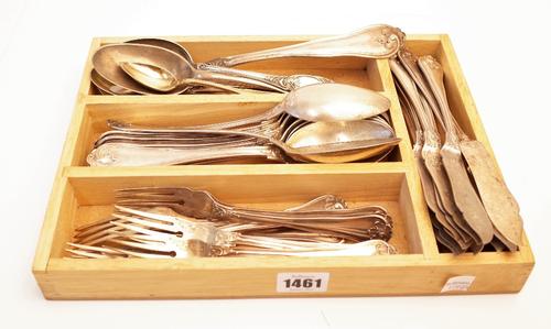 A German 800 part table service, comprising; a serving spoon, eight tablespoons, twelve fish knives, nine fish forks and a pair of small serving...